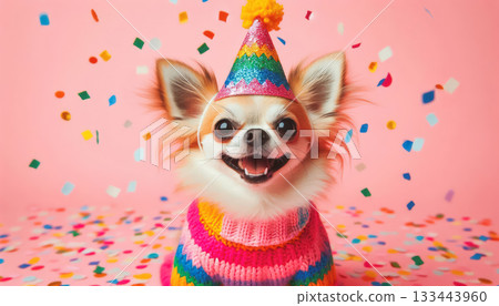 Cute dog with party hat on celebration background. 133443960