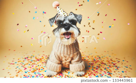 Cute dog with party hat on celebration background. 133443961