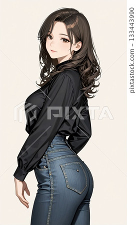 A career woman in a black shirt and jeans turns around 133443990