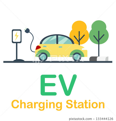 Design Elements of electric vehicles yellow color with plug. Cars ready to be plugged into the charging station with the electric charging symbol. with object of tree and lens protection panel. Design Elements of electric vehicles yellow color with plug. Cars ready to be plugged into the charging station with the electric charging symbol. with object of tree and lens protection panel. 133444126