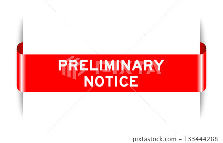 Red color inserted label banner with word preliminary notice on white background 133444288