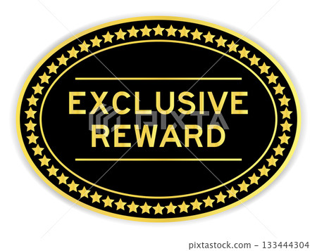 Black and gold color oval label sticker with word exclusive reward on white background 133444304