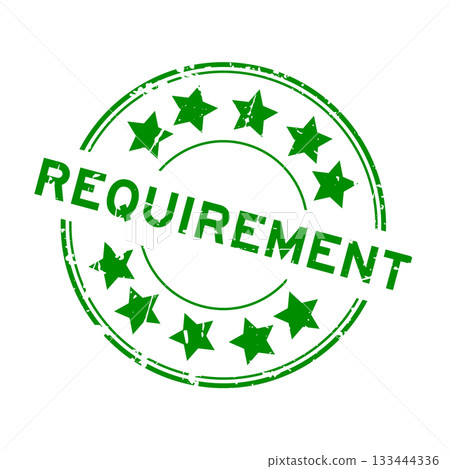 Grunge green requirement word with star icon round rubber seal stamp on white background 133444336