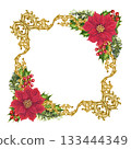 Christmas card square template with red poinsettias, vintage gold vignette frame, holly berries. Botanical watercolor corner bouquet for home decor, cards, stickers, scrapbook, greeting cards 133444349
