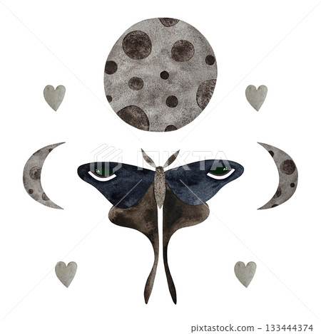 Watercolor blue moon moth and moon phases. Moth with eyes on wings, full, waxing, waning moons on white. Watercolor blue moon moth and moon phases. Moth with eyes on wings, full, waxing, waning moons on white. 133444374