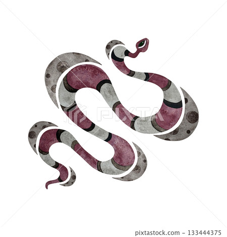 Watercolor pink snake & moon. Striped pink snake surrounded by moon crescents isolated on white. Watercolor pink snake & moon. Striped pink snake surrounded by moon crescents isolated on white. 133444375