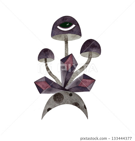 Watercolor moon with mushrooms and crystals. Moon with eye mushrooms, amethyst crystals isolated on white. 133444377