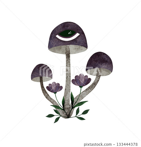 Watercolor magic mushrooms and flowers. Purple eye mushrooms, purple wildflowers isolated on white. Watercolor magic mushrooms and flowers. Purple eye mushrooms, purple wildflowers isolated on white. 133444378