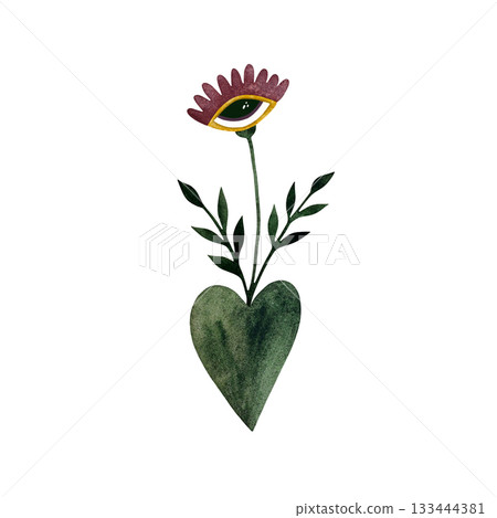 Watercolor magic mushrooms and flowers. Purple eye mushrooms, purple wildflowers isolated on white. 133444381