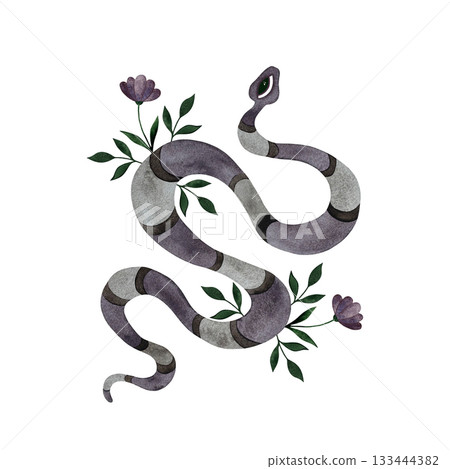 Watercolor lilac striped snake with flowers. Stylized snake with lilac flowers/green leaves isolated on white. Watercolor lilac striped snake with flowers. Stylized snake with lilac flowers/green leaves isolated on white. 133444382