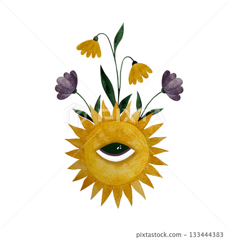 Watercolor sun and flowers. Stylized sun with eye and wildflowers growing from it isolated on white. Watercolor sun and flowers. Stylized sun with eye and wildflowers growing from it isolated on white. 133444383
