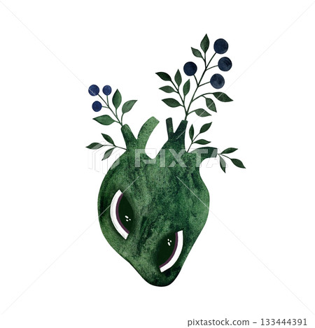 Watercolor forest heart. Green anatomical heart with eyes, blue berries growing from it on white. Watercolor forest heart. Green anatomical heart with eyes, blue berries growing from it on white. 133444391