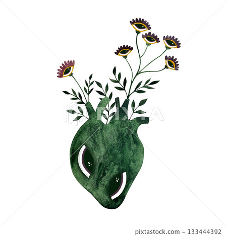 Watercolor forest heart. Green anatomical heart with eyes, wildflowers growing from it on white. 133444392