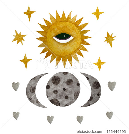 Watercolor celestial set. Sun with eye, moon phases, yellow stars isolated on white. Watercolor celestial set. Sun with eye, moon phases, yellow stars isolated on white. 133444393