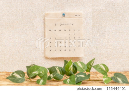2026年1月布藝日曆與室內植物庫存照片 133444401