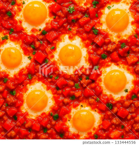 Vibrant shakshuka-style pattern background of eggs and tomatoes Vibrant shakshuka-style pattern background of eggs and tomatoes 133444556