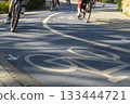 Close Up of a Bicycle Road. Blue Bike Lane With the Bicycles passing on the white symbol of a bike in Konstanz, Germany. 133444721