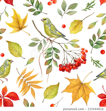Fall leaves, berries and green birds watercolor seamless pattern on white background. Autumn nature hand drawn illustration. Ideal for fabric prints, wrapping paper, wallpapers, and seasonal designs 133444818