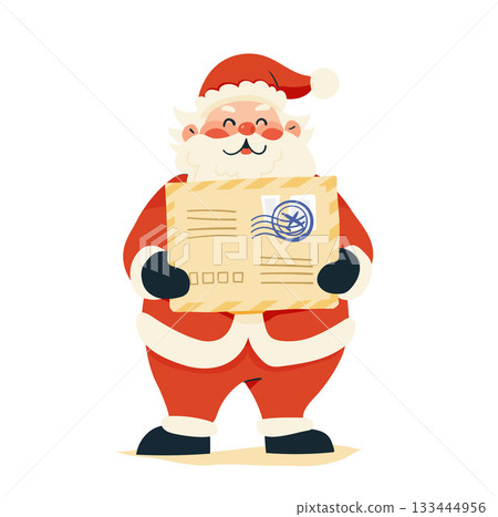 Merry Christmas illustration, cute Santa Claus with envelope in his hands, vintage flat cartoon illustration isolated on white background. Merry Christmas illustration, cute Santa Claus with envelope in his hands, vintage flat cartoon illustration isolated on white background. 133444956