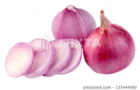 Whole red onions and sliced red onion rings isolated. Fresh and vibrant ingredients for cooking, with a focus on texture and color. High quality food photography. Whole red onions and sliced red onion rings isolated. Fresh and vibrant ingredients for cooking, with a focus on texture and color. High quality food photography. 133444980