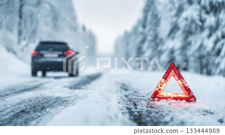 A warning triangle glows on a snowy winter road with a car stopped in the distance 133444989