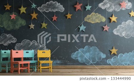 A playful classroom with colorful chairs stands in front of a chalkboard decorated with hand-drawn clouds 133444990