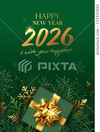 Happy new year 2026 ornaments gold and green gift box, pine leaf poster design Happy new year 2026 ornaments gold and green gift box, pine leaf poster design 133445083