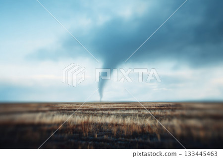 Blurred tornado touching ground in open field dramatic sky swirling clouds natural disaster extreme weather rural landscape atmospheric mood danger 133445463