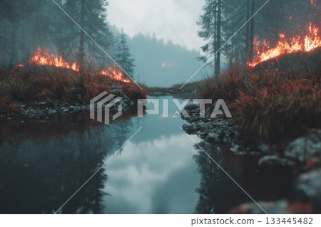 Wildfire reflected in calm river defocused smoke cloud burning forest moody atmosphere pine tree natural disaster environmental impact autumn overcast sky serene water 133445482