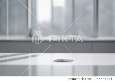 Minimal clean desk with single pen modern office background bright natural light calm atmosphere productivity focus simplicity organization workspace professional 133445751
