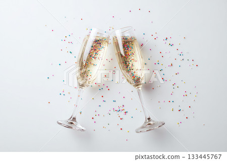 Two champagne glasses with sparkling wine clinking together, surrounded by colorful confetti on white background, creating festive and joyful celebration atmosphere 133445767