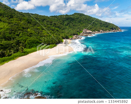 Beautiful beach with turquoise water. Seychelles, Mahe. Anse Petit Boileau. 133445892