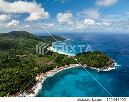 Aerial view of Mahe island with beautiful beaches and blue ocean. Seychelles. 133445905