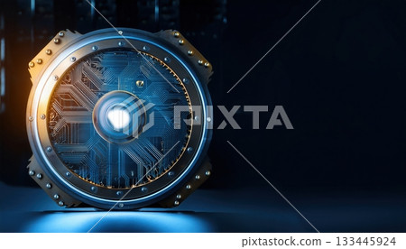 Close-up of a futuristic digital security device with circuit patterns and glowing elements highlighting advanced technology and cybersecurity concepts Close-up of a futuristic digital security device with circuit patterns and glowing elements highlighting advanced technology and cybersecurity concepts 133445924