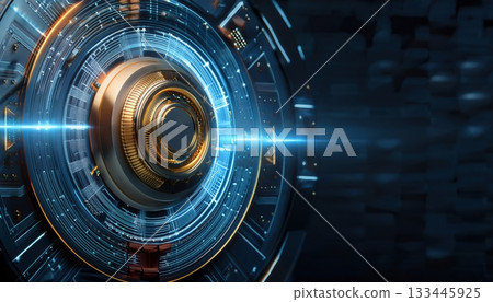 Futuristic digital interface with glowing blue and gold circular elements representing advanced technology and cyber security concepts in a high-tech environment 133445925