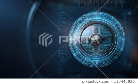 High tech futuristic digital security system with circular interface and glowing blue digital elements representing cybersecurity and data protection High tech futuristic digital security system with circular interface and glowing blue digital elements representing cybersecurity and data protection 133445926