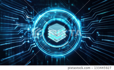 Futuristic digital technology interface with glowing circular hologram and circuit lines representing data network and cyber security elements in blue 133445927