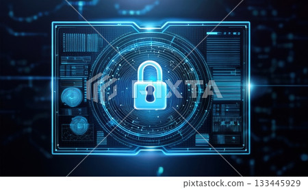 Advanced digital security concept with holographic lock icon on futuristic high tech interface showing cybersecurity protection technology 133445929