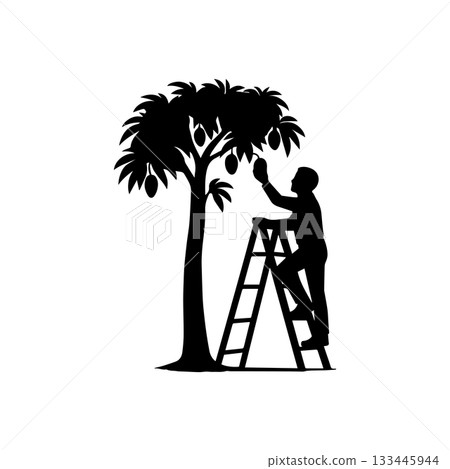 man trimming tree silhouette icon gardener ladder pruning illustration 133445944