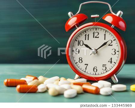 Alarm clock beside colorful pills on a reflective surface in bright light. Generative AI Alarm clock beside colorful pills on a reflective surface in bright light. Generative AI 133445969