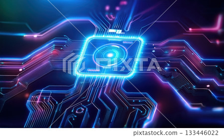 Futuristic digital technology concept with neon glowing circuit board and microchip design illuminated by vibrant blue and pink lighting effects 133446022
