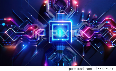 Futuristic digital technology concept with glowing circuit board and neon lights representing advanced computing and electronic integration in a dark background 133446023