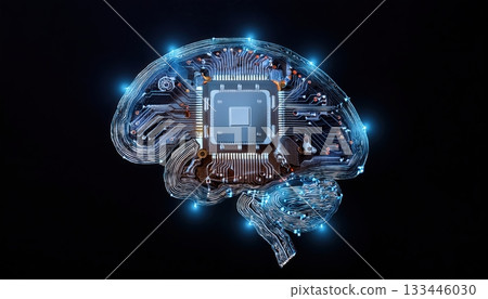 Highly detailed digital illustration of a human brain with integrated circuitry and electronic components representing artificial ligence and technology innovation Highly detailed digital illustration of a human brain with integrated circuitry and electronic components representing artificial ligence and technology innovation 133446030