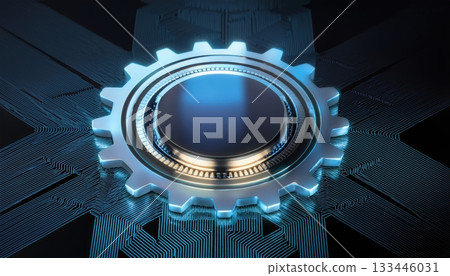 High tech futuristic gear icon with glowing blue light representing technology innovation and advanced digital systems on a dark circuit board background 133446031