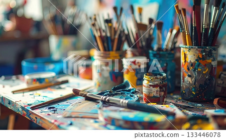 Art supplies including paintbrushes, jars of paint, and colorful palette on a busy creative artist's workspace for painting or crafting projects Art supplies including paintbrushes, jars of paint, and colorful palette on a busy creative artist's workspace for painting or crafting projects 133446078