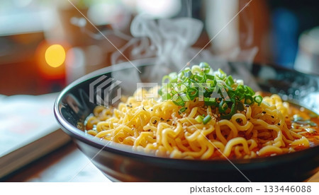 Close-up of a steaming bowl of hot instant ramen noodles garnished with chopped green onions in a black bowl on a blurred background 133446088