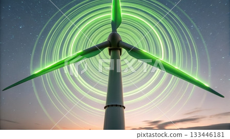 Large wind turbine with illuminated green blades spinning rapidly at sunset creating circular motion effects in the sky for renewable energy and clean power concept 133446181