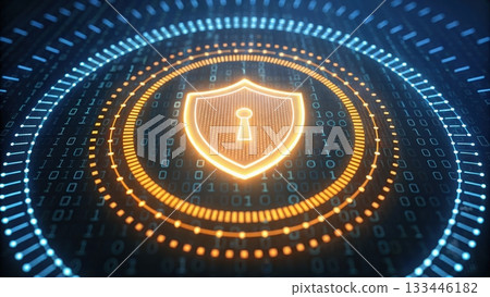 Digital security shield with glowing lock icon representing data protection cybersecurity protection digital encryption and online safety concept 133446182