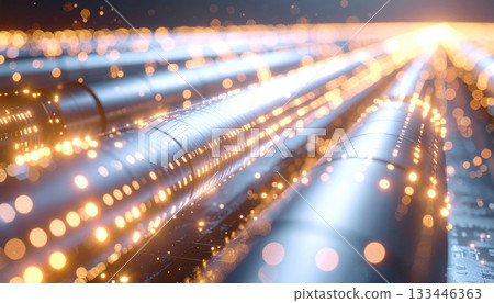 Close-up of illuminated industrial pipelines with glowing lights and bokeh effects at night, showcasing modern infrastructure and technology infrastructure details 133446363