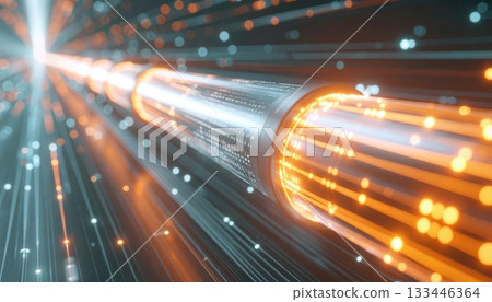 Close-up of a high-speed fiber optic cable emitting vibrant glowing light with digital data transmission effects and light streaks in a futuristic setting Close-up of a high-speed fiber optic cable emitting vibrant glowing light with digital data transmission effects and light streaks in a futuristic setting 133446364